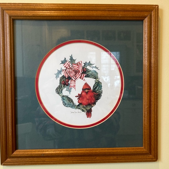 Vintage Carolyn Shores Wright red cardinal on Christmas wreath frame glass print - Picture 2 of 6
